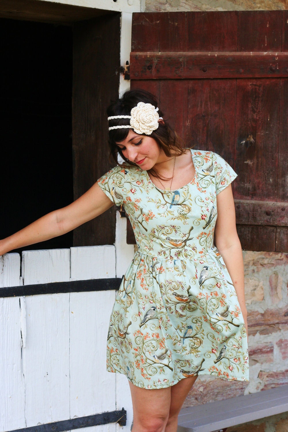 Heart cut out dress- Woodland blue bird- Women's Fashion handmade mint birds dress