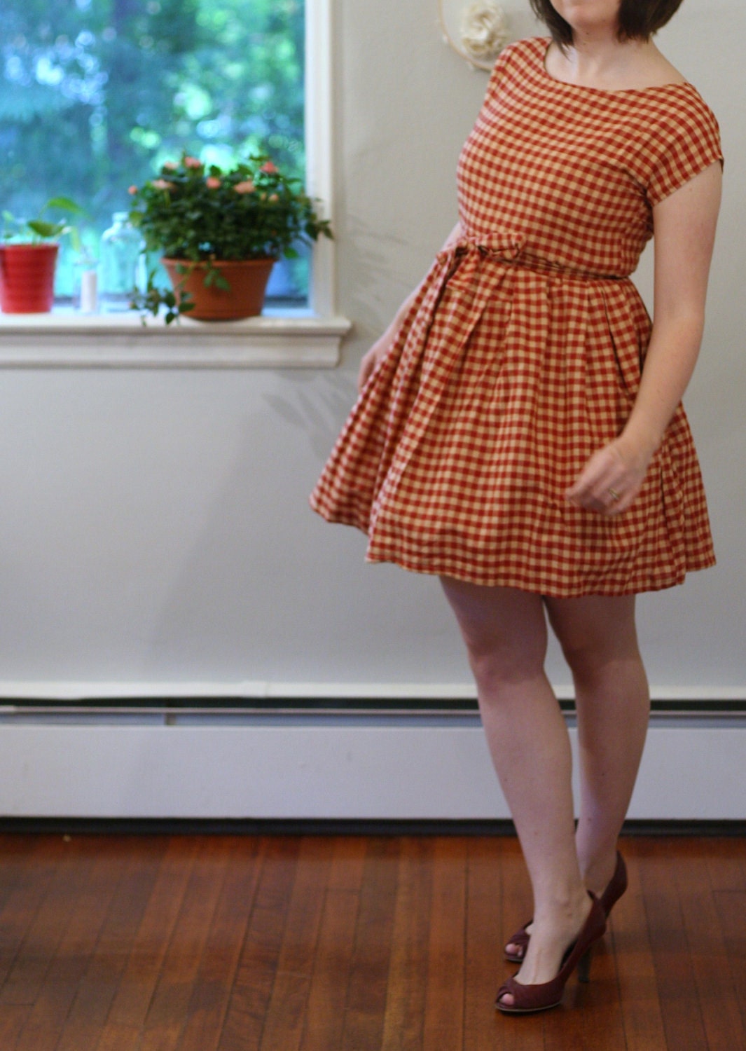 vintage inspired cocktail dress- dark blue and cream gingham