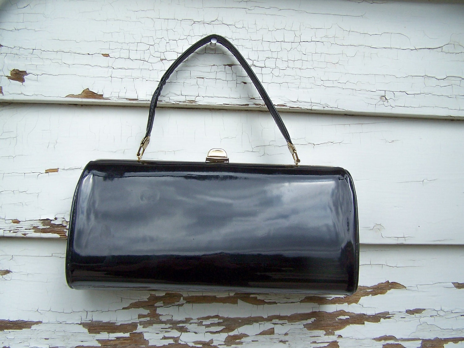Black Handbag, 1960s Classic Sleek Black Patent Leather like Handbag
