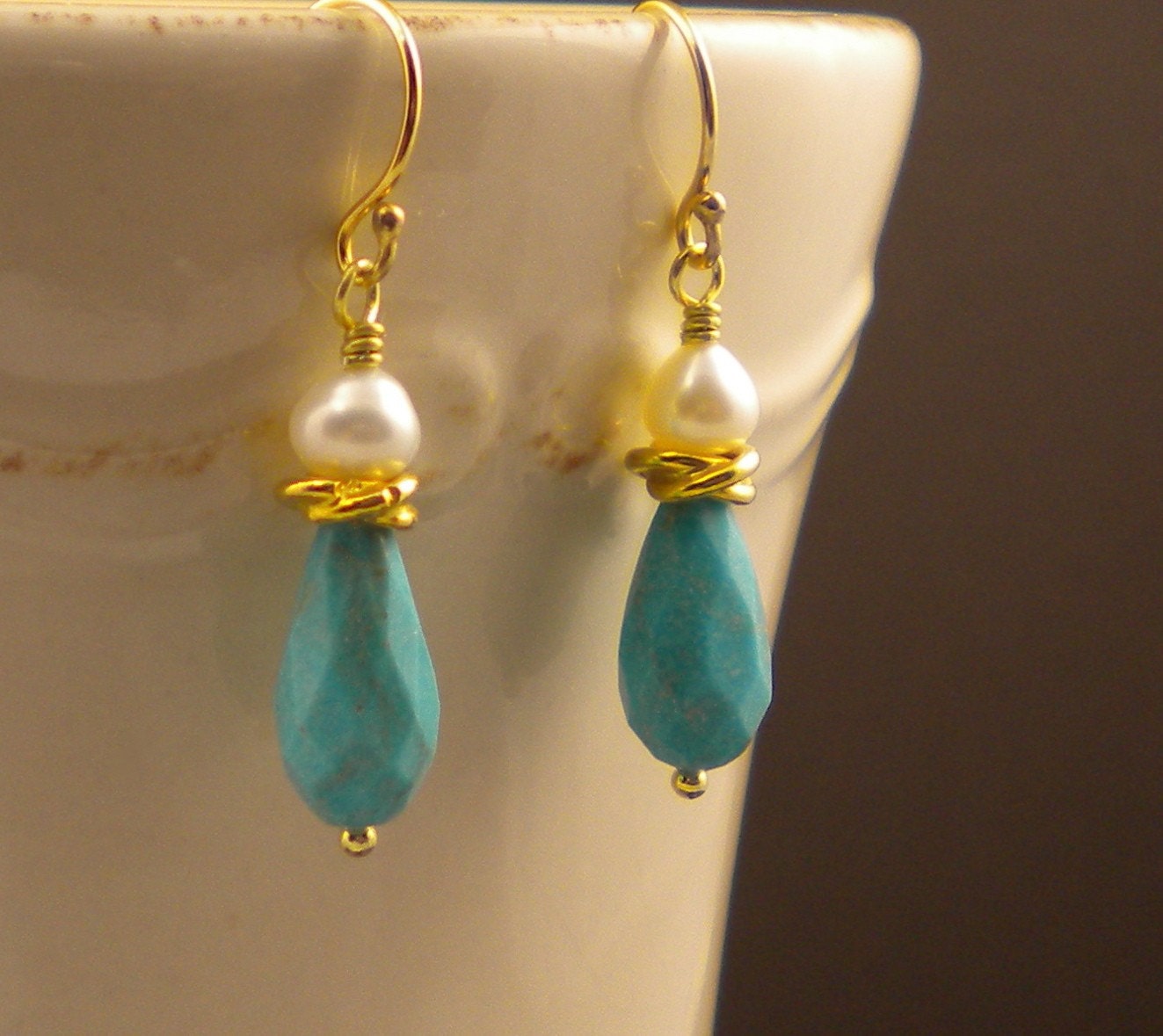 Gold Turquoise Pearl Earrings