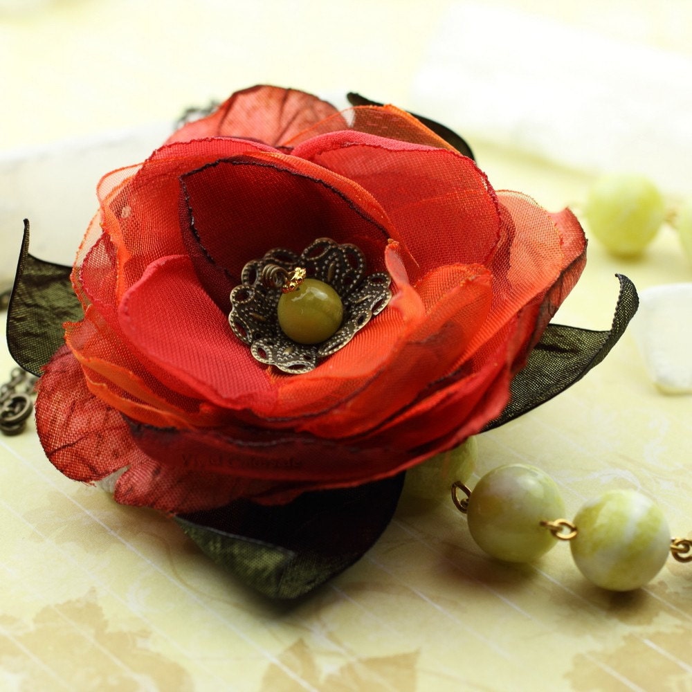 Summertime - One of a Kind - Romantic Necklace with Lemon Jade & Red Rose - Ready to Ship - Handmade by VividColors