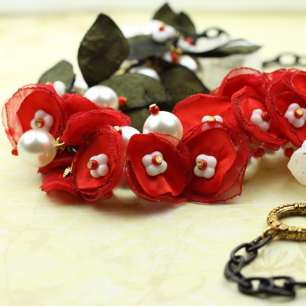 Cherry Tree -  Whimsical Flower & Pearl Necklace in Red and White - Ready to Ship - Handmade by VividColors