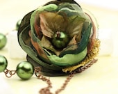 Green Envy - Flirty Pearl & Flower Necklace in Forest Green Ready to Ship - Handmade - by VividColors