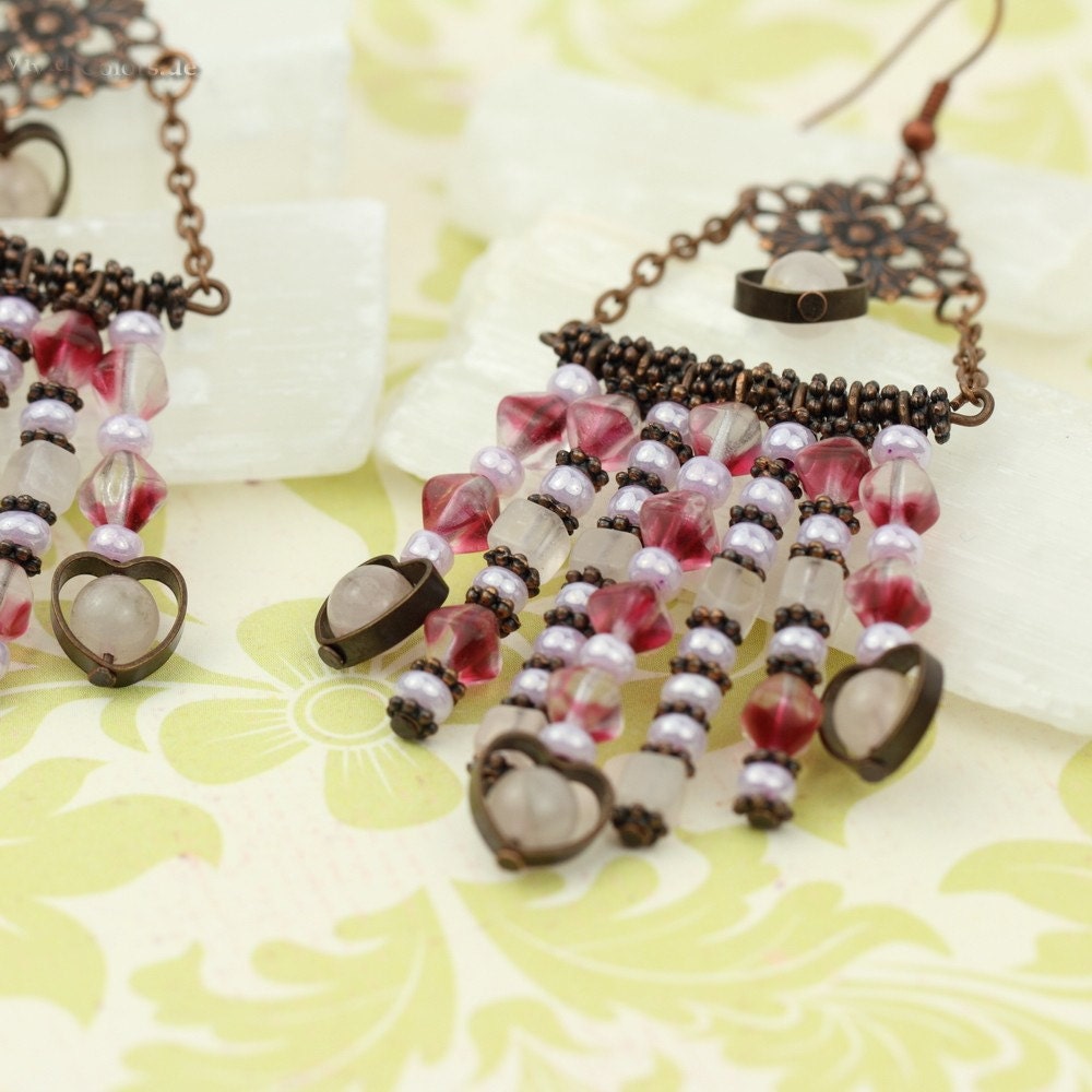 Love is in the Air - Boho Style Chandelier Earrings in Garnet Red & Pink - Ready to Ship - Handmade by VividColors