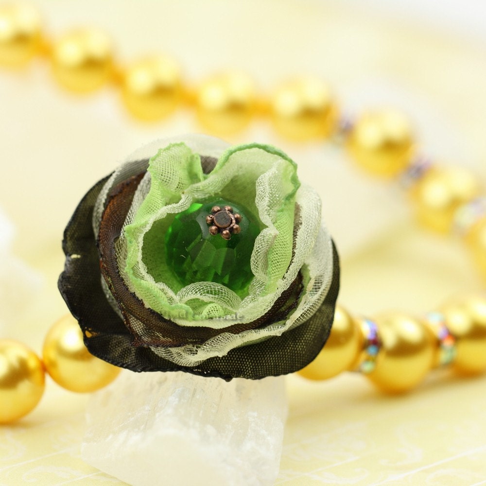 Elegant Crystal Rhinestone Flower Necklace in Yellow, Olive Green & Chartreuse - Ready to Ship - Handmade by VividColors