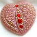 LG Czech Glass Rhinestone Button - Pink Glass Heart w/ Red Rhinestones & Gold Luster
