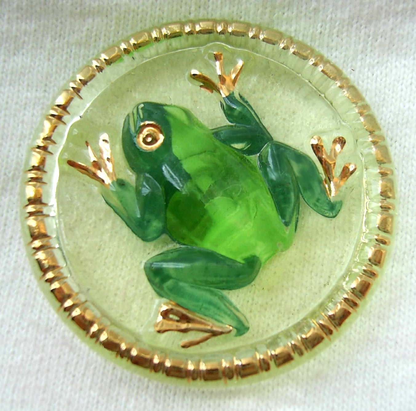 XL Czech Vaseline Glass FROG Button - Green Reverse Painted w/ Gold Rim