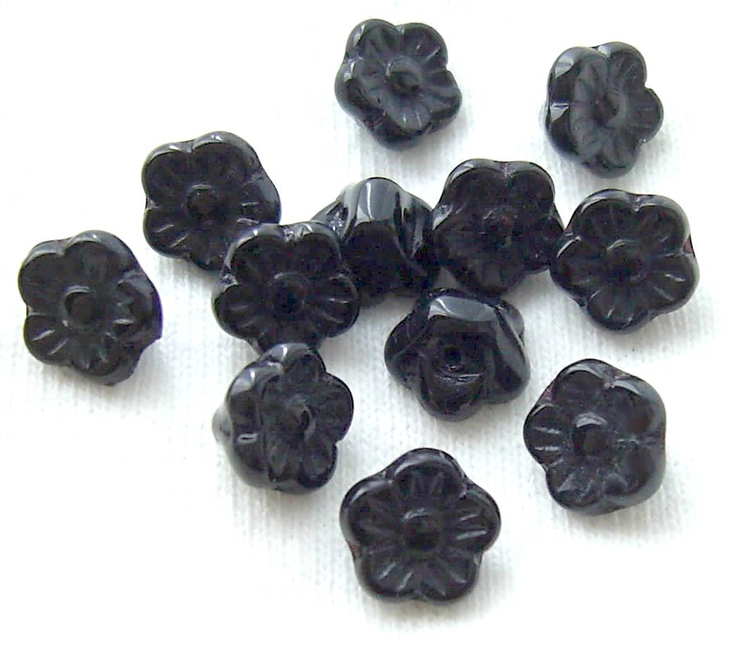 Czech Black Glass Buttons - Set of 12 Realistic Black Glass Flower Buttons - Dimi Doll Size 7mm