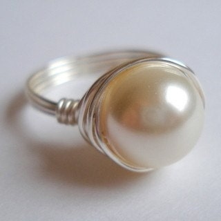 Wire Wrapped Swarovski Pearl and Sterling Silver Ring - CreamyVanilla