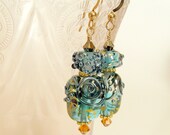 Handmade lampwork earrings. Atlantis - elegant teardrop shaped aquamarine glass w/ sterling wires.