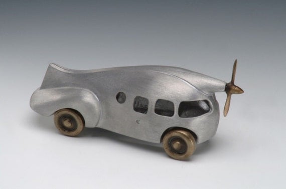Aero Car, Aluminum and Bronze Retro Style with Wheels and Propeller