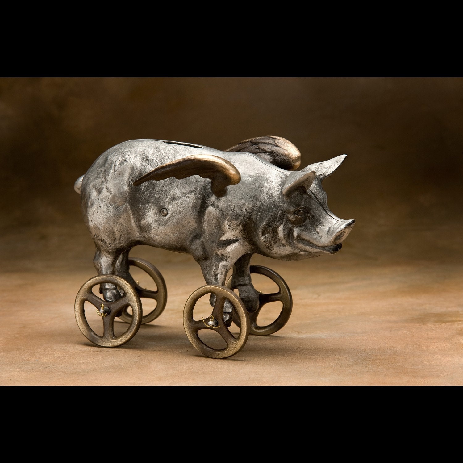 Flying Pig Coin Bank, Cast Aluminum with Bronze Wheels