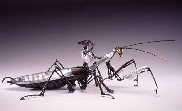 Mantis of Prey, Large (60") Robotic Sculpture in aluminum and bronze