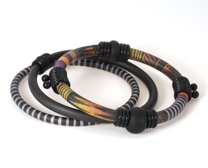 Bangle Bracelet Set with African Bark Cloth Pattern