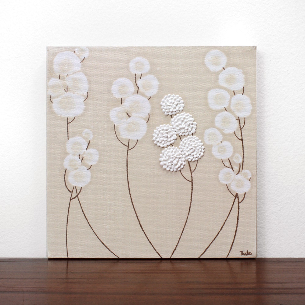 Acrylic Painting - Neutral Art on Small Square Canvas - Brown and White Textured Flower Painting - 10X10 - IN STOCK