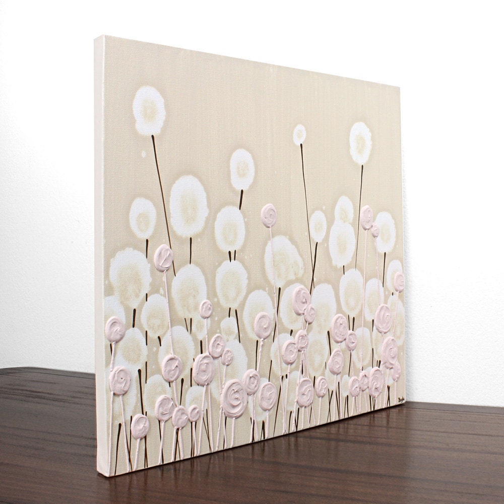 Pink and Khaki Nursery Art - Textured Flower Painting - Modern Canvas Art Decor - 24X20 Small - IN STOCK