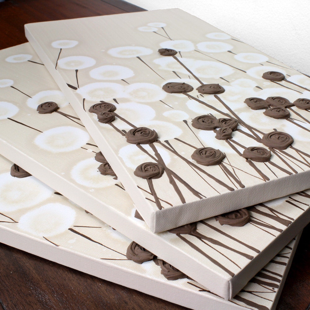Large Modern Art - Original Textured Flower Painting - 50X20 Triptych Canvas - Brown Neutral Art - IN STOCK