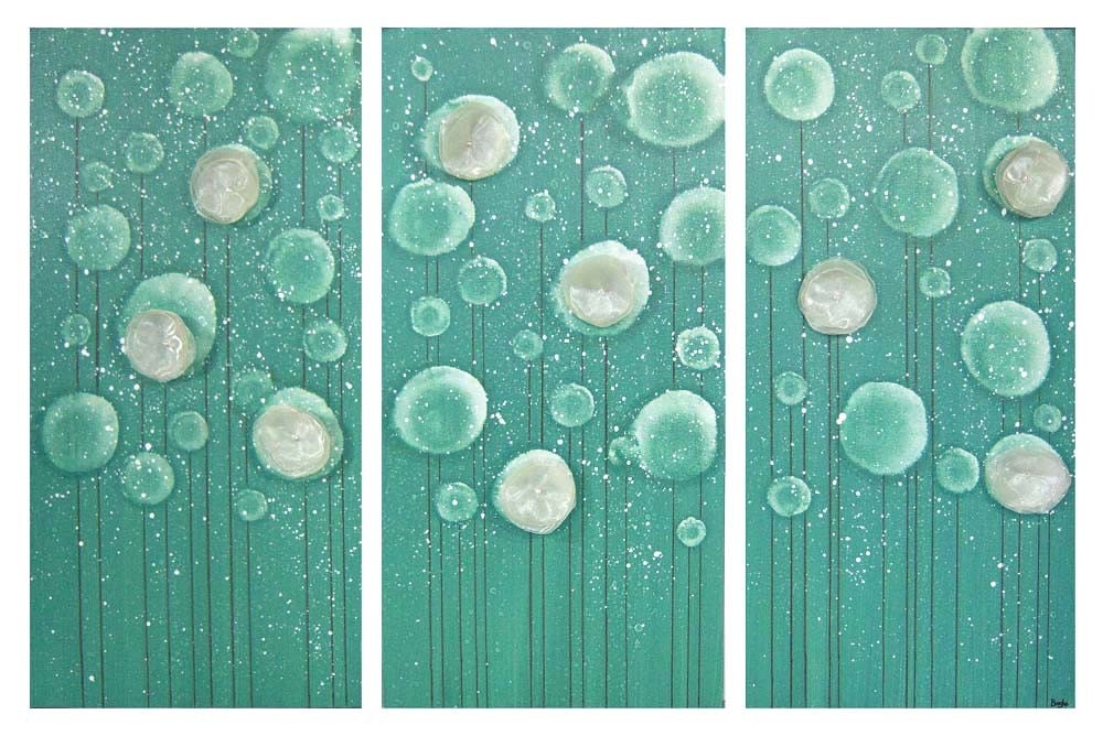 Green Flower Painting - Original Acrylic on Canvas Triptych Medium 32X20 - Jade Green Nursery Decor - IN STOCK