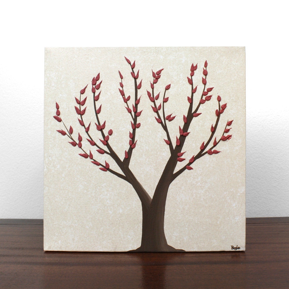 Modern Nature Art - Original Painting on Canvas - Brown and Red Autumn Tree - Small 10X10 Textured Wall Art - IN STOCK