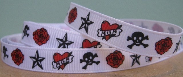 5 Yard Option Vintage Tattoo Inspired Print Grosgrain Ribbon in 3/8 inches wide White with Rose Skull Star