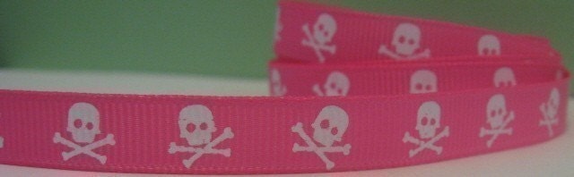 Skulls for the Punk Princess Skull and Crossbones Hot Pink and White Grosgrain Ribbon in 3/8 inches wide Bows HPW