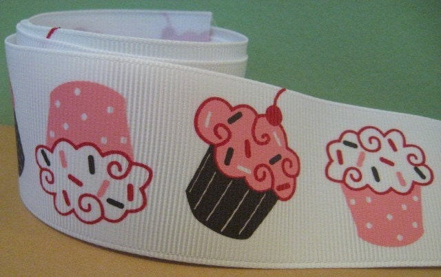 With a Cherry on Top Cute Yummy Cupcakes on White Grosgrain Ribbon in 1.5 inches wide Bows B