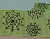 Green Spiderweb Print 1.5 inch wide Grosgrain Ribbon Black Webs Spider Fun