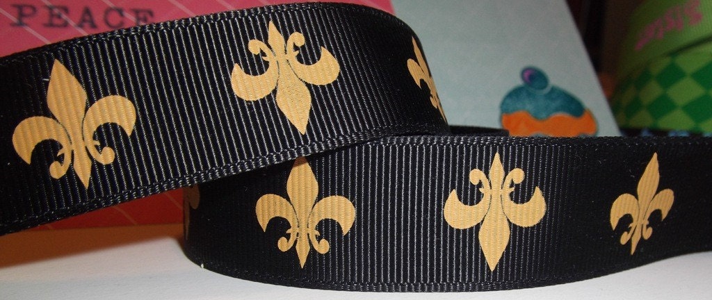 Fleur de lis in Gold on Black Grosgrain Ribbon in 1.5 inches wide Fleurs Fleur-de-lis One and One Half inches