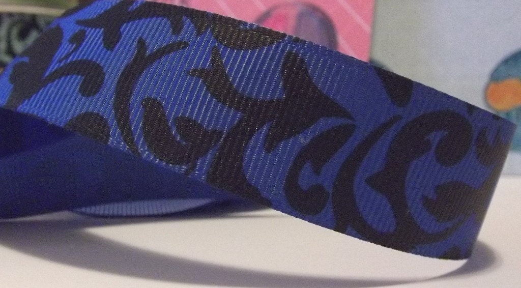 Damask Flourish Swirl Black and Royal Blue Printed Grosgrain Ribbon in 7/8 inches wide RB