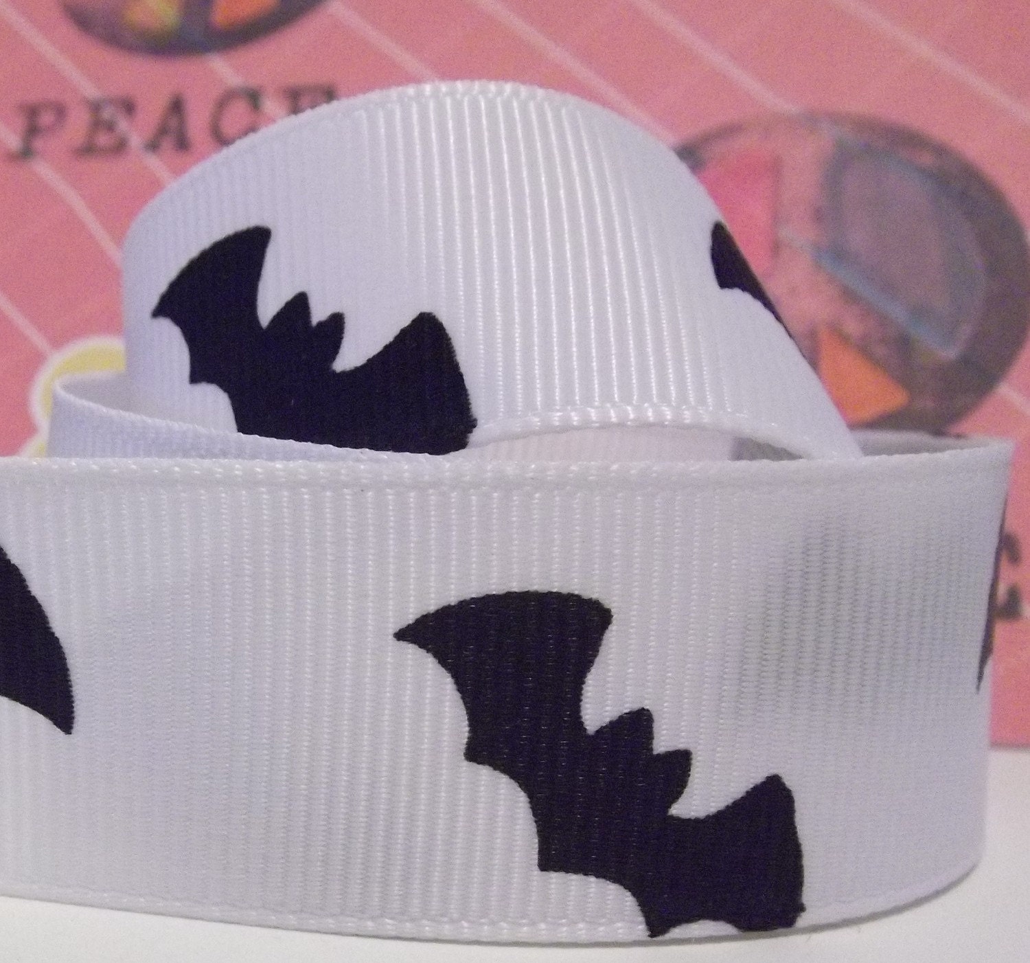 5 yard option Bats Black and White Printed Grosgrain Ribbon in 1.5 inches wide WB one and one half inches