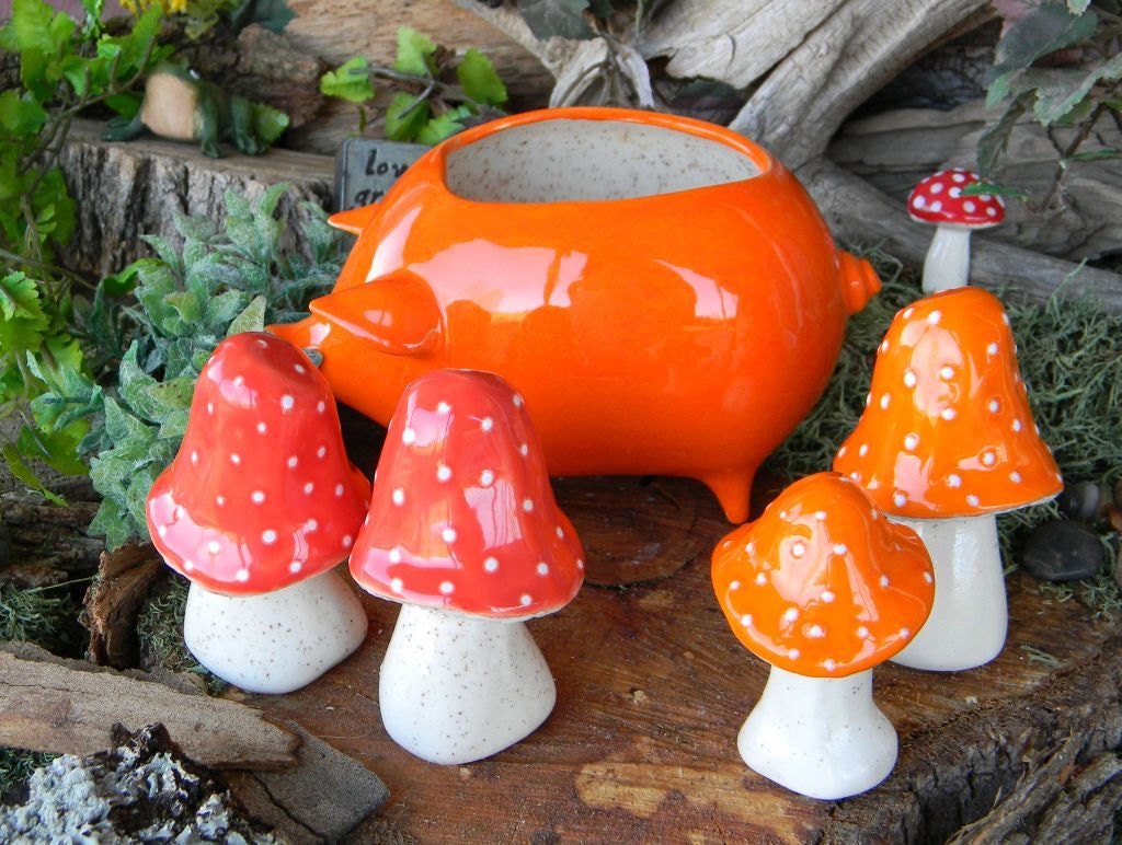 2 Mushroom Statues Home Grown Ceramic Shrooms Amanita muscaria fly agaric Glazed Glass Finish Sunset