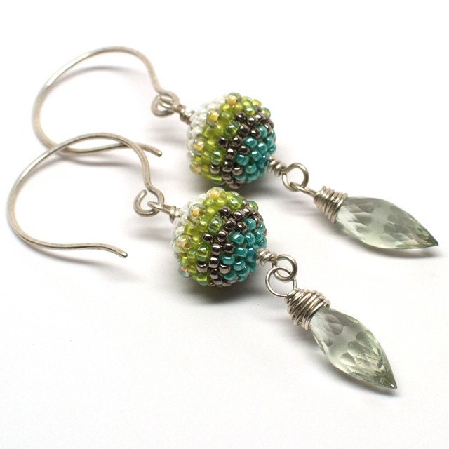 SALE25 Mini Blueberry Beaded Bead Earrings with Green Amethyst and Sterling Silver