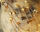 Triple length Swiss Blue, Mystic Blue, Lemon and White Topaz, Beer Quartz, Citrine, Gold Vermeil Disk Necklace