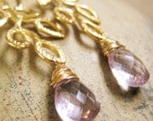 Pale Purple Pink Topaz Textured Gold Leaf Drop Earrings