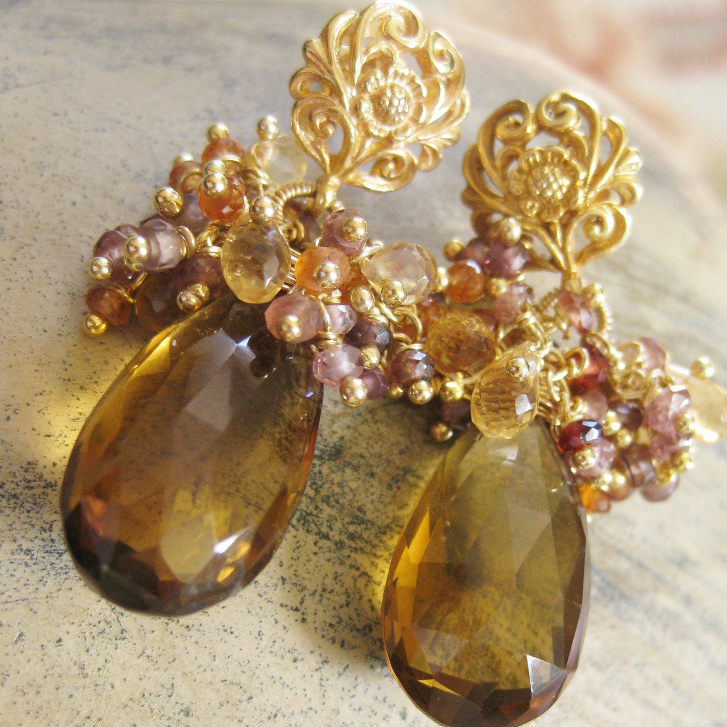 Whisky brown topaz earrings with orange peach sapphire yellow citrine gem cluster cascade gold flourish katecojewelry