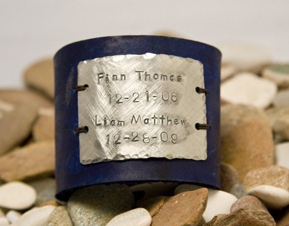 Leather cuff bracelet, kids names and dates, handmade cuff,