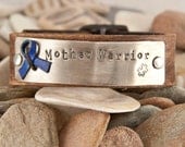 Mother Warrior,  autism awareness leather custom cuff, blue ribbon
