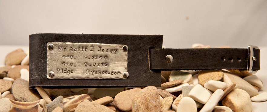 Leather Luggage Tag, distressed, metal stamped plate