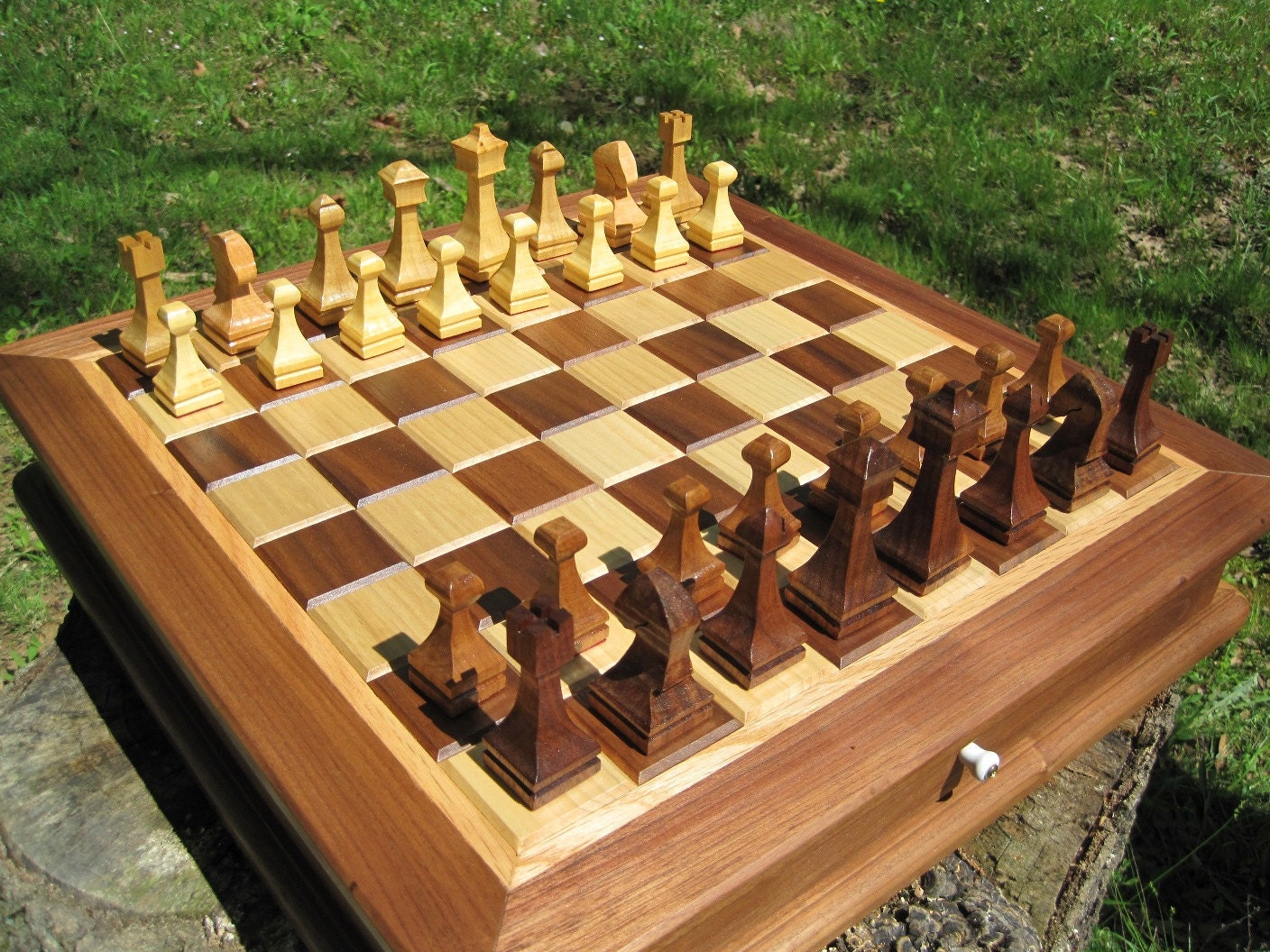Designer Chess and Checker Board Box with Playing Pieces