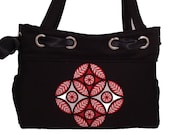 Large Shoulder Bag - Fabric handmade handbag, black and red shoulder bag, bag with bow