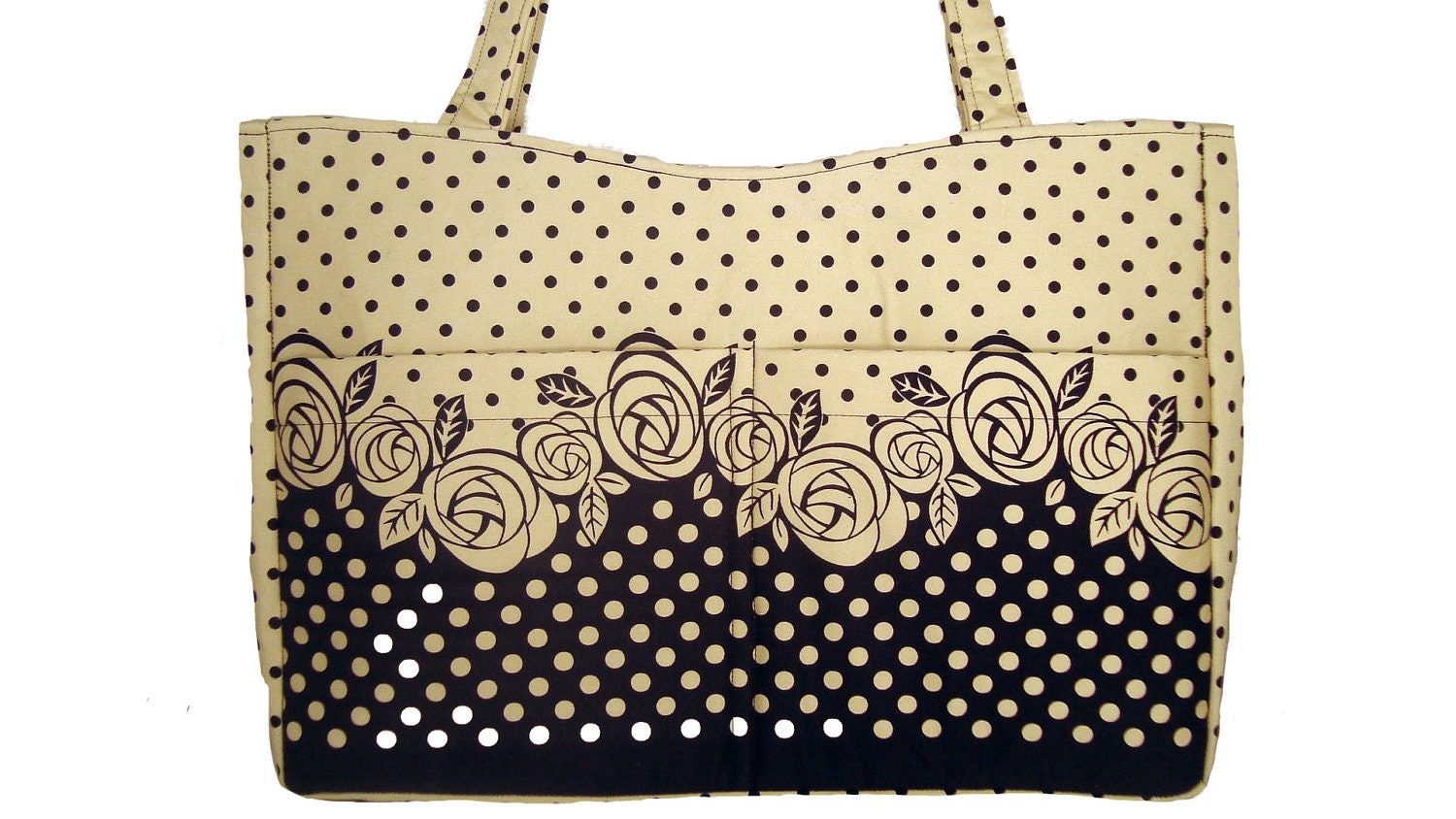 Tote Diaper Bag - Handmade Handbag in navy floral with polka dots