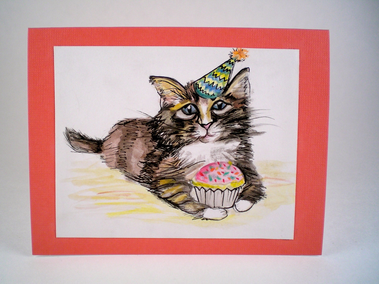 Happy Birthday Kitten Hand Painted One of a Kind Watercolor Greeting Card