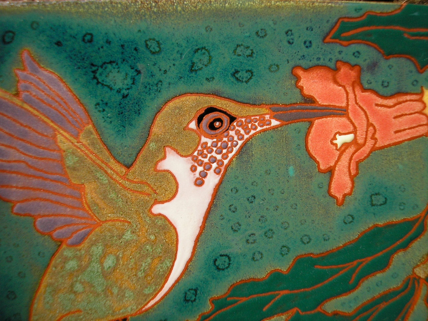 Hummingbird tile female rubythroat feeding at trumpet vine flower, in the arts and crafts style, great for birders