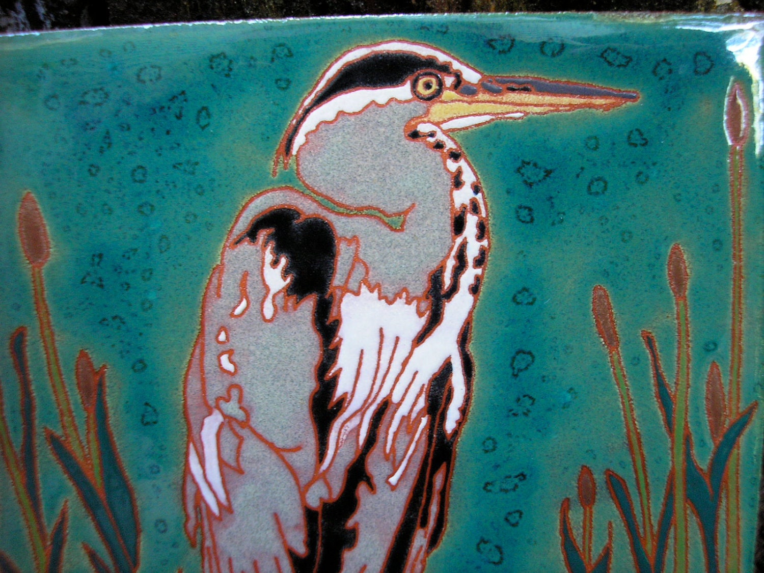 SAVED for Elizabeth Great Blue Heron tile with rich detail in the arts and crafts style, great for bird lovers