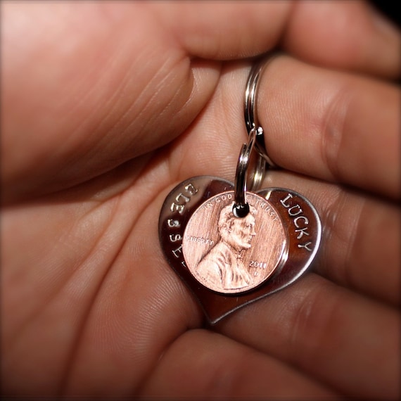 New Heart shaped Blessed,  Lucky Us Keychain made of stainless steel with  3 pennies