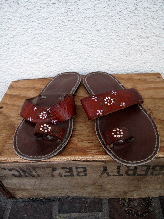 Vintage 70s Hippie Leather tooled Sandals by RaggedyThreads