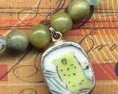 Green Serpentine necklace with small Antique Ming Dynasty Pottery Pendant OOAK little Alien ))