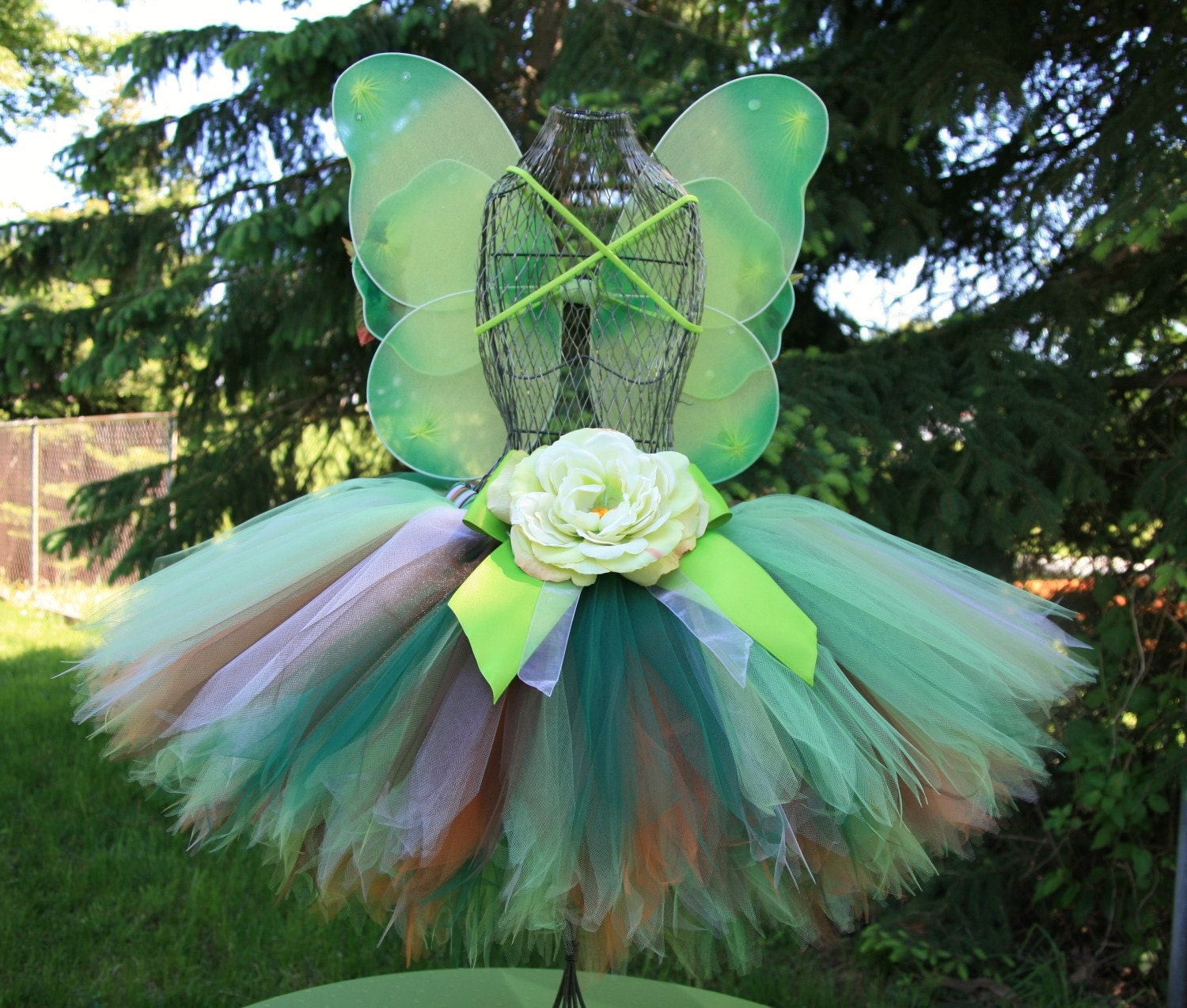 Woodland Fairy Custom Tutu Set, Green and Brown Sewn Tutu and Fairy Wings Set, Sizes 3 - 7