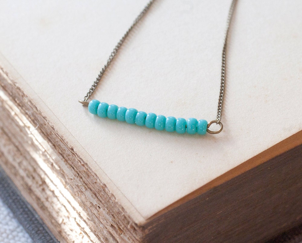 Blue bead necklace, simple bar necklace