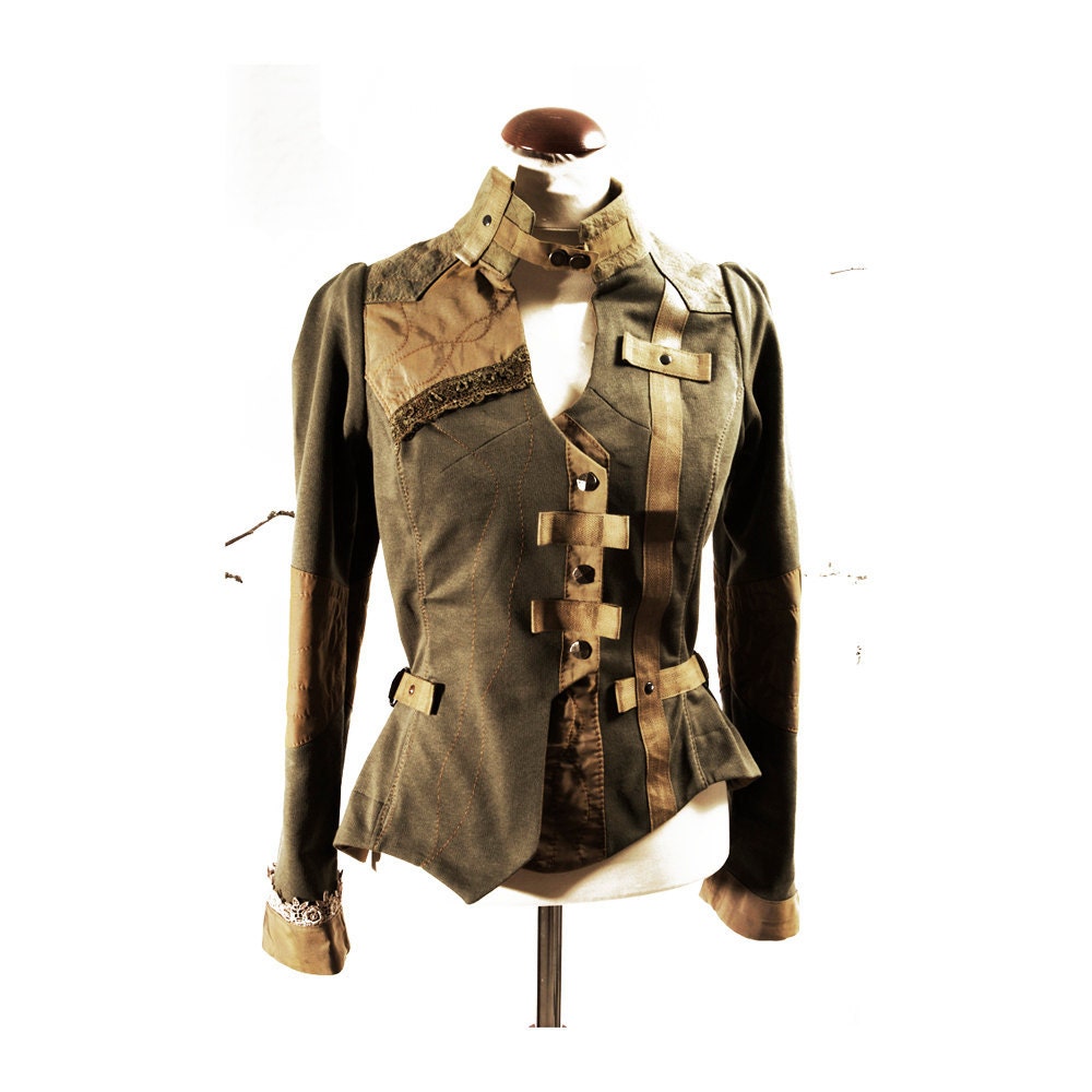 Equestrian style Jacket  Cropped Handmade Romantic Civil War Khaki Green cotton fashion Wear - lummedesigns